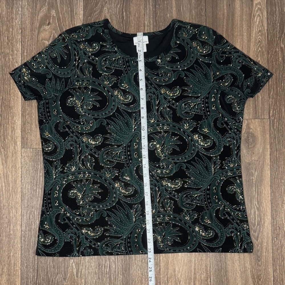 Jaclyn Smith Black and Green Paisley Short Sleeve Top Women’s Size XL - Picture 10 of 13